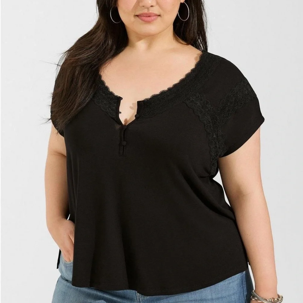 TORRID Super Soft Jersey Dolman Henley Lace Trip  Black Top - Picture 5 of 5